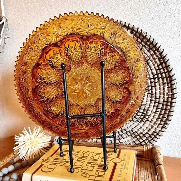 Vintage Amber Tiara Glass Saw Tooth Edge Egg Platter Marigold Carnival Glass - Picture 3 of 5